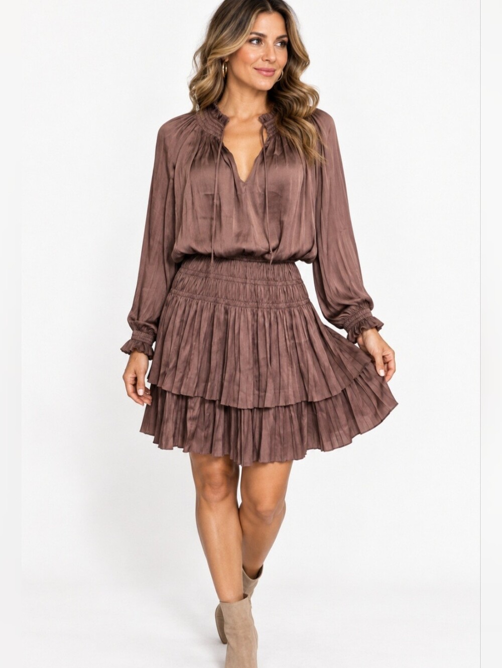 Reset by Jane Dress Medium Brown Satin Pleated Tiered Smocked Boho Long Sleeve